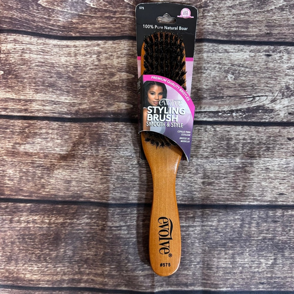 Evolve 575 Styling Brush 100% Pure Natural Boar Bristles Wood Handle Brown Black